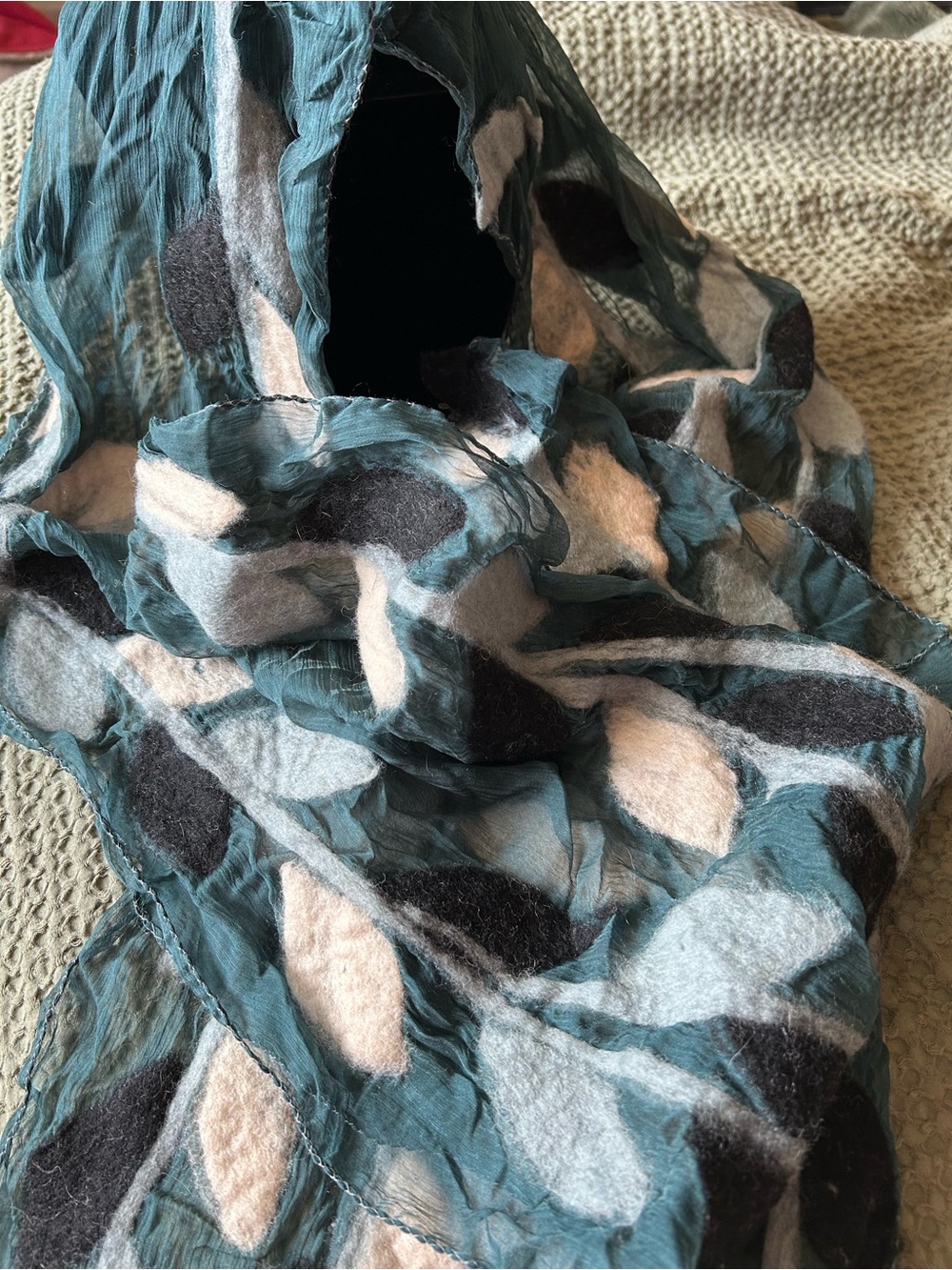 Artisan Teal Scarf with Cream and Black Felted Leaf Accents